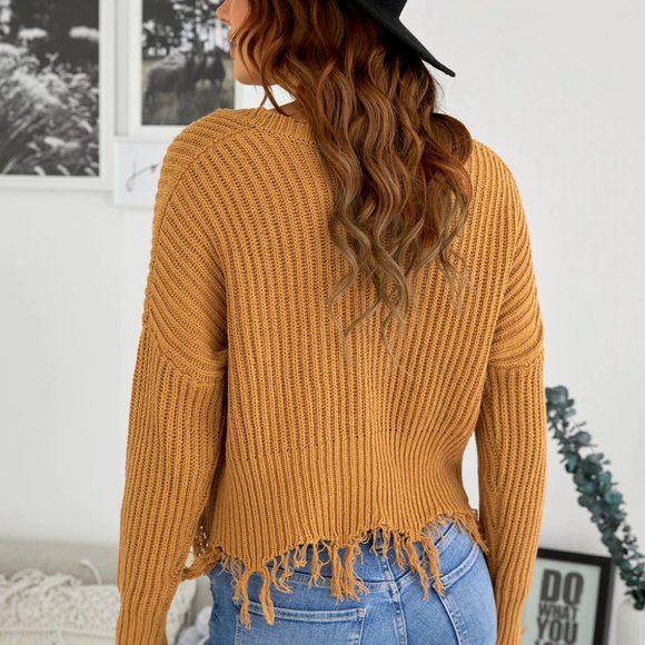 Shredded Sweater - Long Sleeve - V-Neck Lantern Sleeves - Distressed Look - Picture 10 of 11